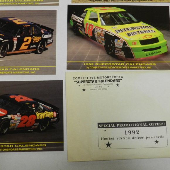 Vintage 1992 "Superstar Calendars" set NASCAR Postcard Competitive Motorsports A - Picture 7 of 8